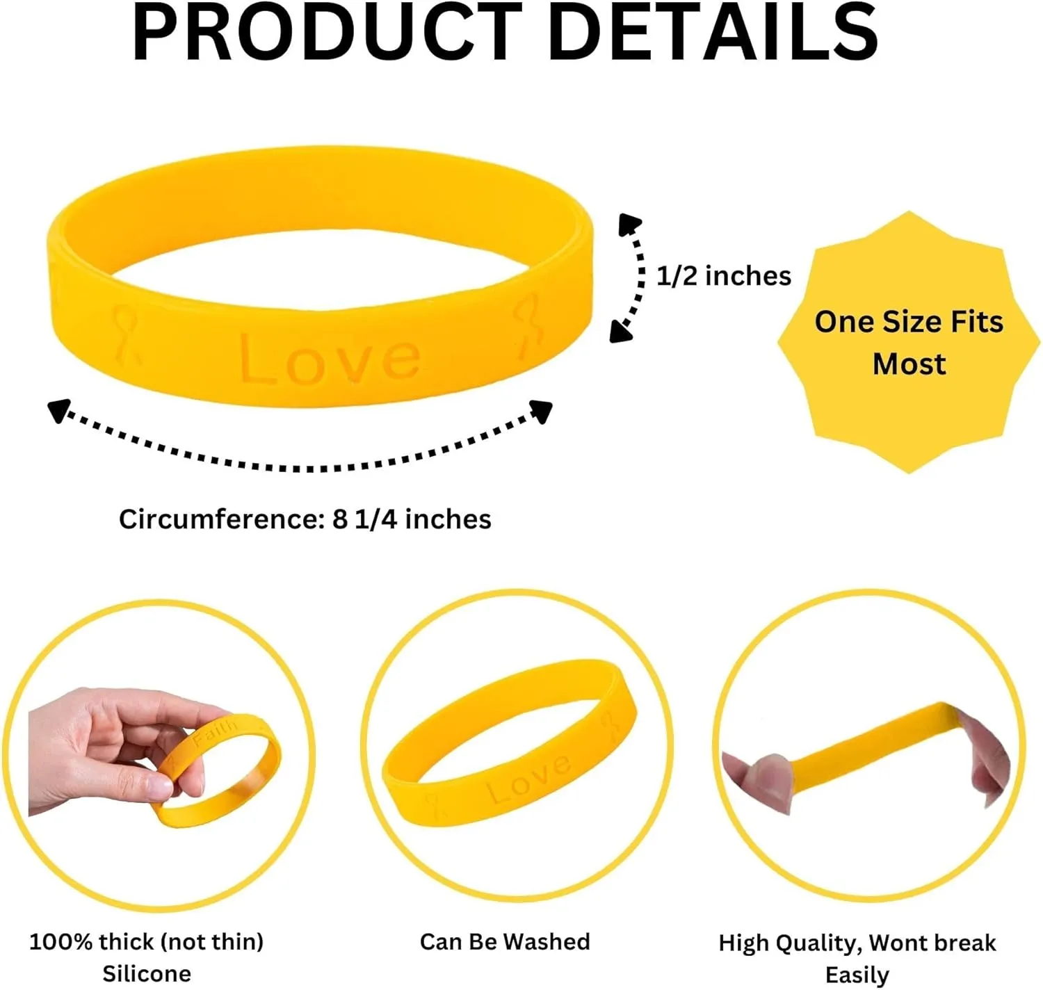 Gold Awareness Silicone Bracelets- Inexpensive Gold Ribbon Rubber Wristbands for Childhood Cancer and Neuroblastoma Cancer Awareness, Fundraising and Gift Giving - Perfect for People with Small Wrist
