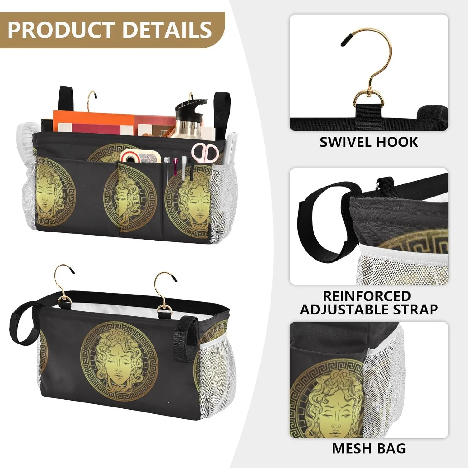 Golden Head on a Shield Line Art and Dot Print Style Iron Frame Bedside Hanging Bag Magazine Holders Bedside Bag With Hooks for Dorm Bed Bunk Bed 14.2 x 4.9 x 7.9 inch