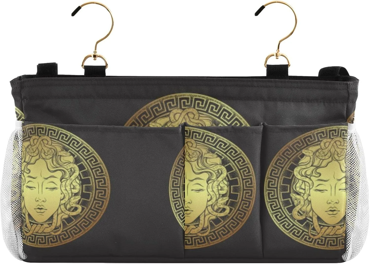 Golden Head on a Shield Line Art and Dot Print Style Iron Frame Bedside Hanging Bag Magazine Holders Bedside Bag With Hooks for Dorm Bed Bunk Bed 14.2 x 4.9 x 7.9 inch