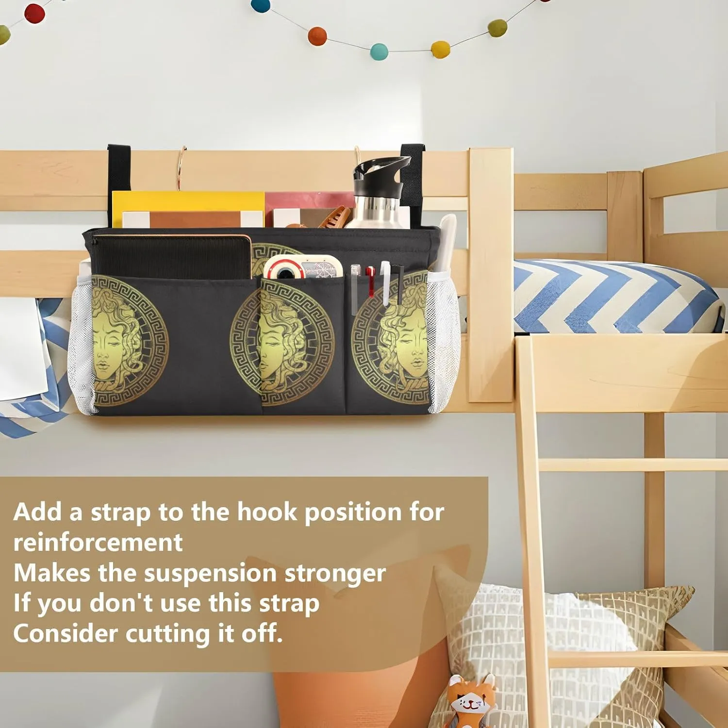 Golden Head on a Shield Line Art and Dot Print Style Iron Frame Bedside Hanging Bag Magazine Holders Bedside Bag With Hooks for Dorm Bed Bunk Bed 14.2 x 4.9 x 7.9 inch