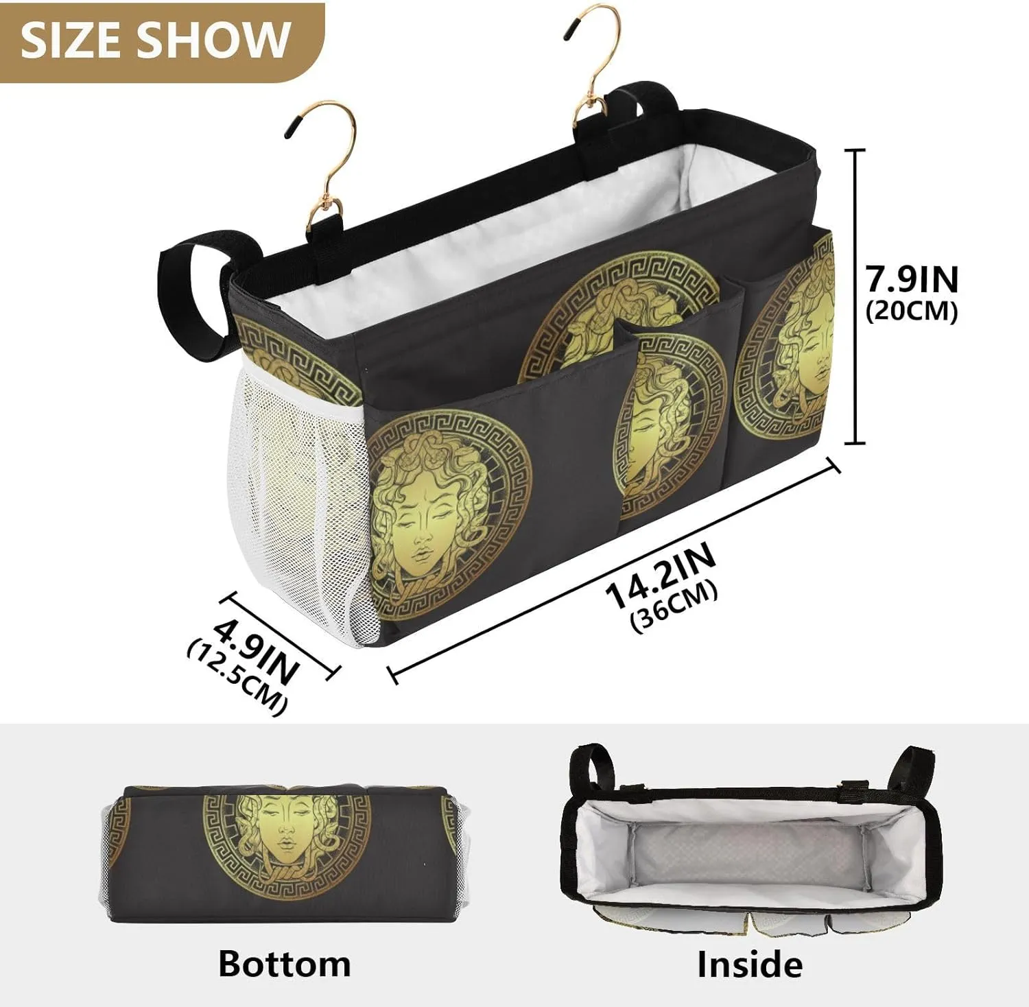 Golden Head on a Shield Line Art and Dot Print Style Iron Frame Bedside Hanging Bag Magazine Holders Bedside Bag With Hooks for Dorm Bed Bunk Bed 14.2 x 4.9 x 7.9 inch