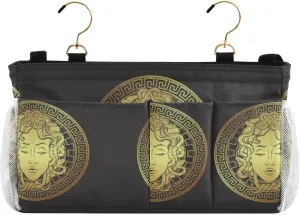 Golden Head on a Shield Line Art and Dot Print Style Iron Frame Bedside Hanging Bag Magazine Holders Bedside Bag With Hooks for Dorm Bed Bunk Bed 14.2 x 4.9 x 7.9 inch
