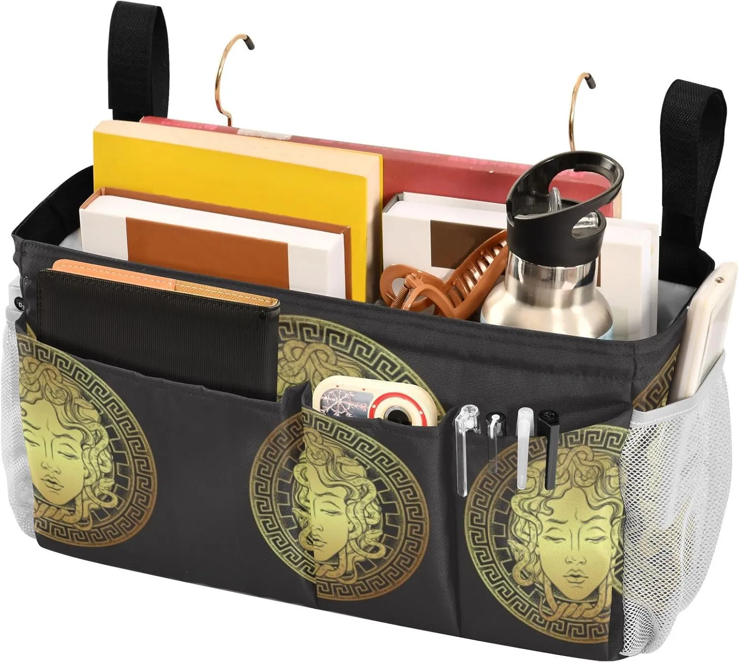 Golden Head on a Shield Line Art and Dot Print Style Iron Frame Bedside Hanging Bag Magazine Holders Bedside Bag With Hooks for Dorm Bed Bunk Bed 14.2 x 4.9 x 7.9 inch