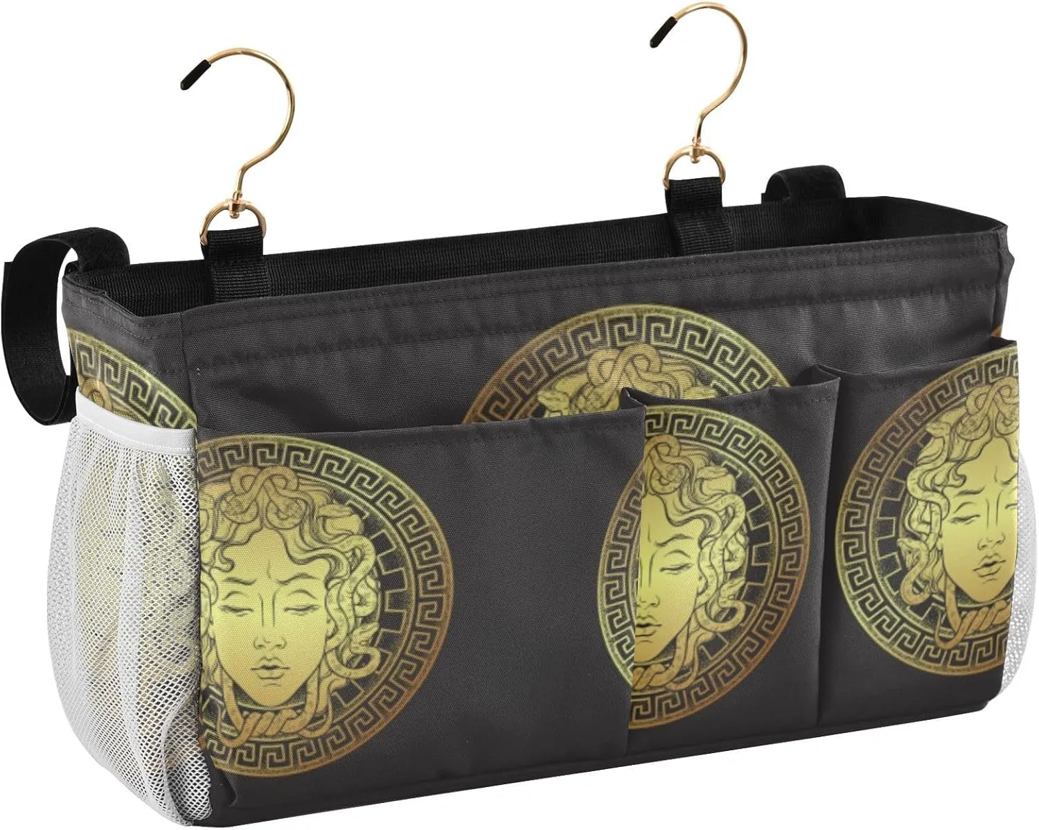 Golden Head on a Shield Line Art and Dot Print Style Iron Frame Bedside Hanging Bag Magazine Holders Bedside Bag With Hooks for Dorm Bed Bunk Bed 14.2 x 4.9 x 7.9 inch