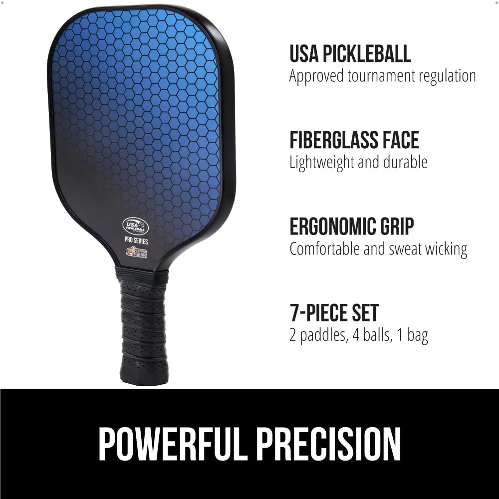 Gorilla Gear USAPA Approved Pickleball Starter Set, Fiberglass Paddles with Bag and Balls, Indoor Outdoor Court Use, Comfortable Racket Grip, Oversized Sweet Spot Pickle Ball Paddle for Men, Women
