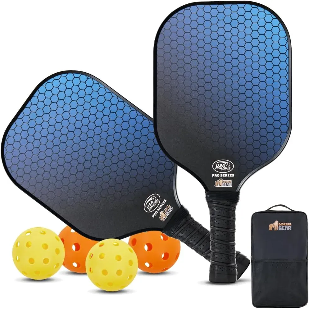 Gorilla Gear USAPA Approved Pickleball Starter Set, Fiberglass Paddles with Bag and Balls, Indoor Outdoor Court Use, Comfortable Racket Grip, Oversized Sweet Spot Pickle Ball Paddle for Men, Women