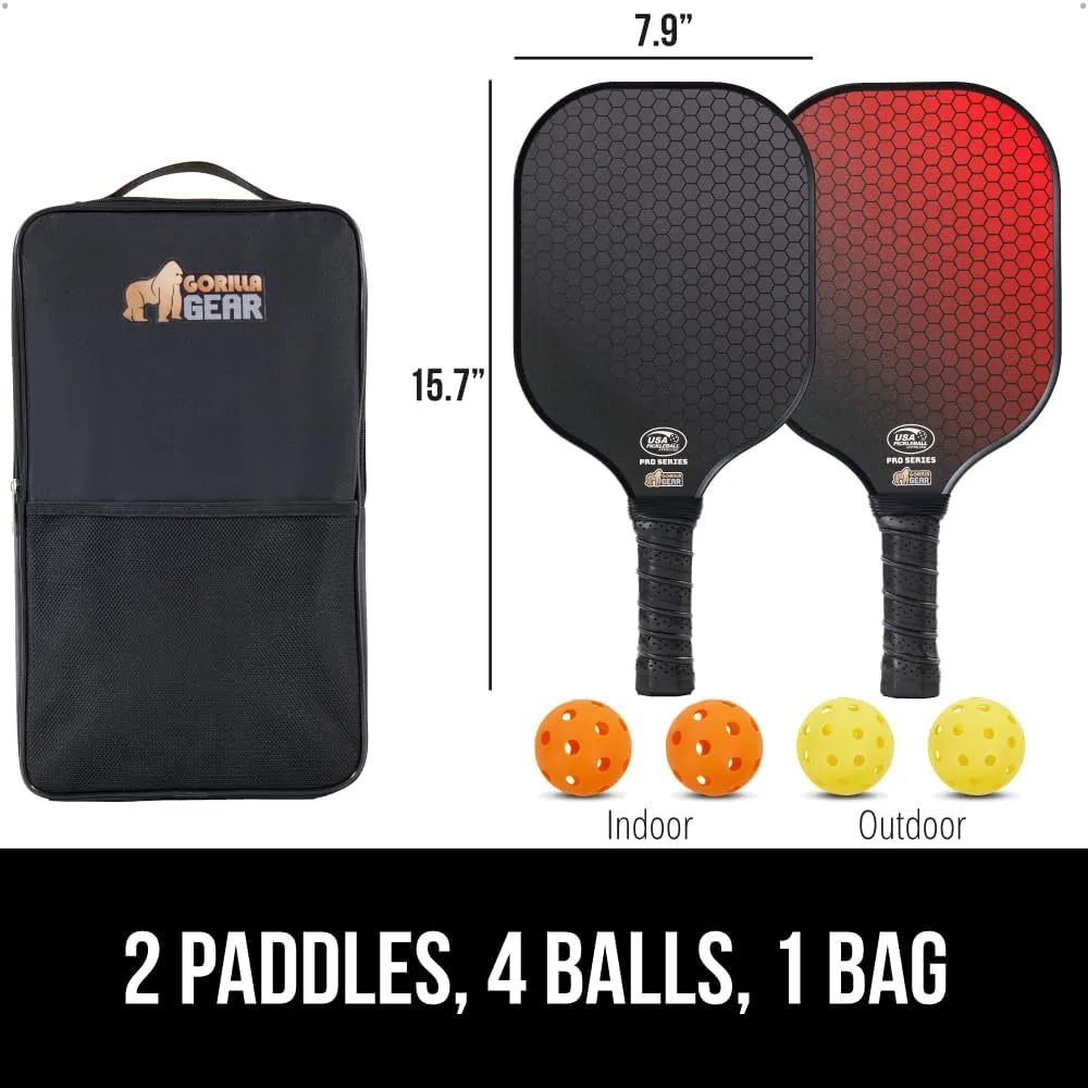 Gorilla Gear USAPA Approved Pickleball Starter Set, Fiberglass Paddles with Bag and Balls, Indoor Outdoor Court Use, Comfortable Racket Grip, Oversized Sweet Spot Pickle Ball Paddle for Men, Women