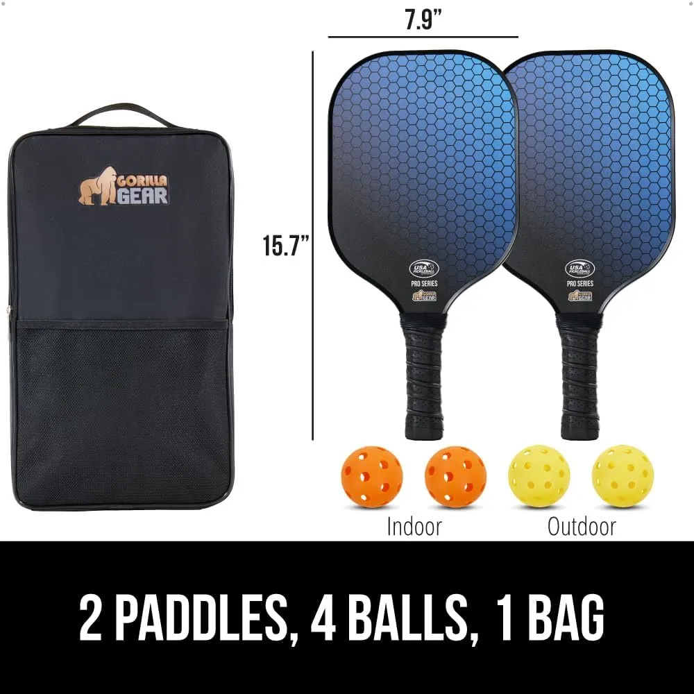 Gorilla Gear USAPA Approved Pickleball Starter Set, Fiberglass Paddles with Bag and Balls, Indoor Outdoor Court Use, Comfortable Racket Grip, Oversized Sweet Spot Pickle Ball Paddle for Men, Women