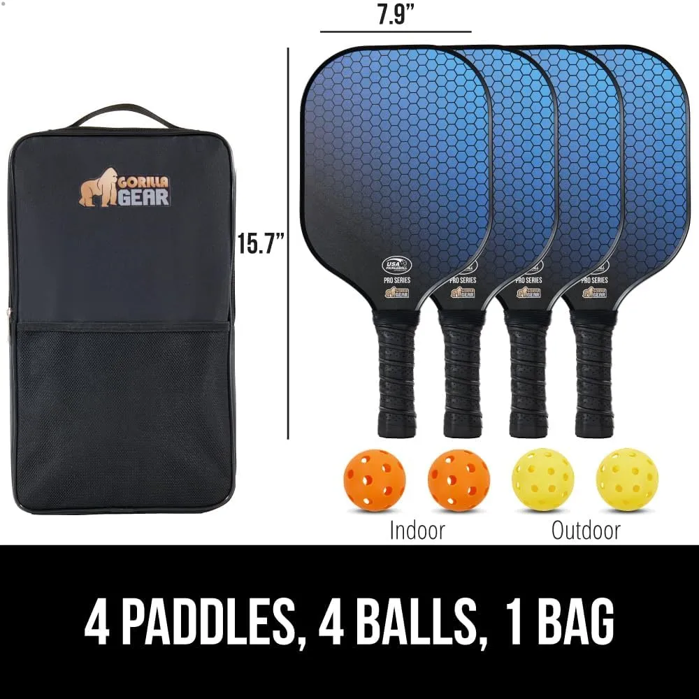 Gorilla Gear USAPA Approved Pickleball Starter Set, Fiberglass Paddles with Bag and Balls, Indoor Outdoor Court Use, Comfortable Racket Grip, Oversized Sweet Spot Pickle Ball Paddle for Men, Women