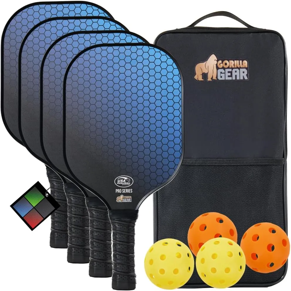 Gorilla Gear USAPA Approved Pickleball Starter Set, Fiberglass Paddles with Bag and Balls, Indoor Outdoor Court Use, Comfortable Racket Grip, Oversized Sweet Spot Pickle Ball Paddle for Men, Women
