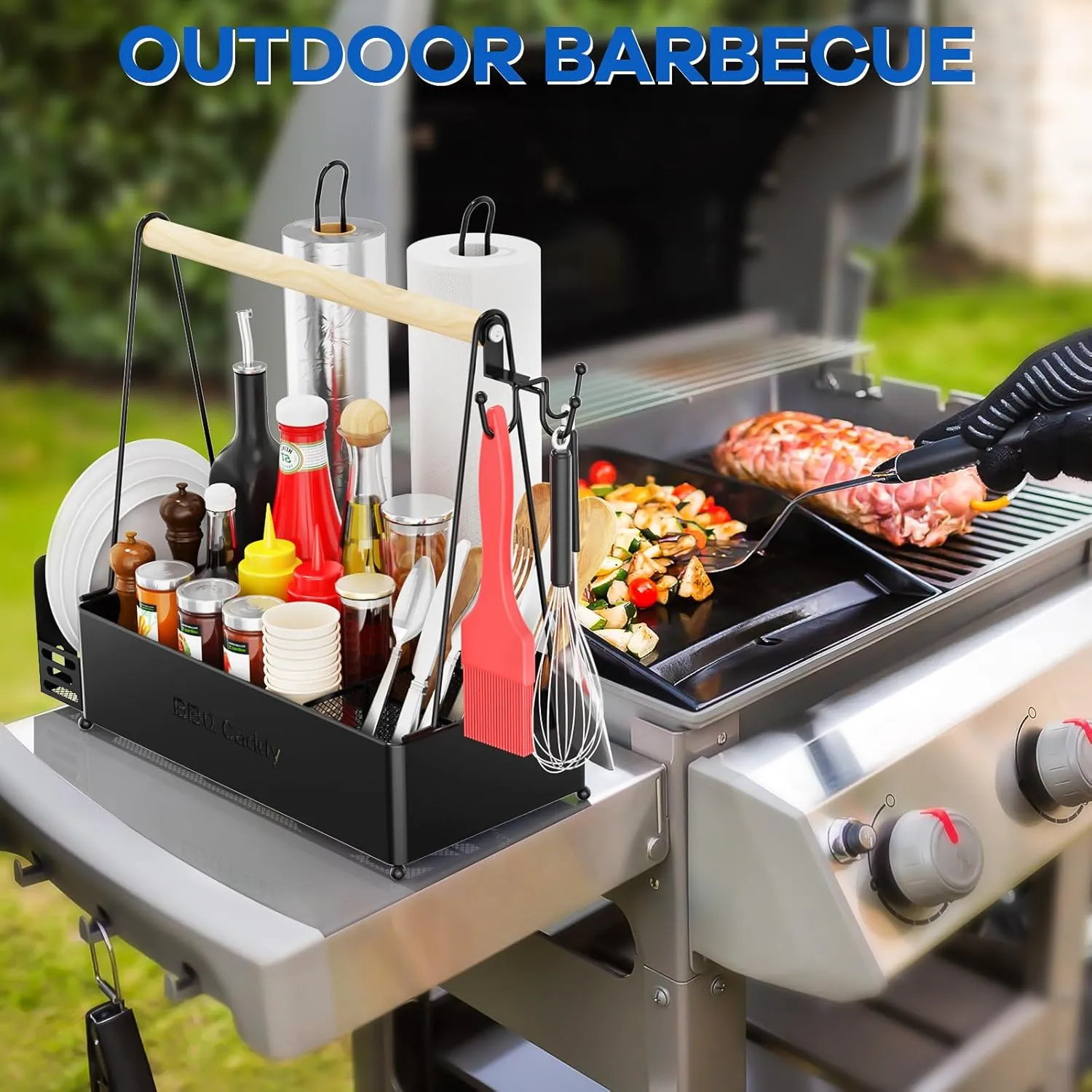 Grill Caddy, BBQ Caddy for Outdoor Grill with 2 Paper Towel Holders, Picnic Condiment Utensil Caddy for Outdoor Camping Accessories, RV Patio Camper Must, Grilling Gifts for Men, Barbecue Tool Sets