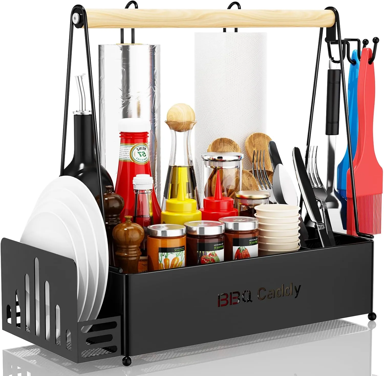 Grill Caddy, BBQ Caddy for Outdoor Grill with 2 Paper Towel Holders, Picnic Condiment Utensil Caddy for Outdoor Camping Accessories, RV Patio Camper Must, Grilling Gifts for Men, Barbecue Tool Sets