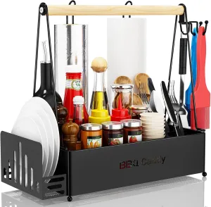 Grill Caddy, BBQ Caddy for Outdoor Grill with 2 Paper Towel Holders, Picnic Condiment Utensil Caddy for Outdoor Camping Essentials, RV Patio Camper Must, Grilling Gifts for Men, Barbecue Tool Sets