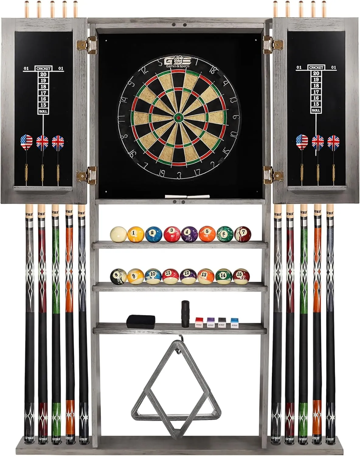 GSE Games & Sports Expert 10 Billiard Pool Cue Rack & Dart Board Cabinet Combination, Wall Mounted Billiard Pool Cue Rack Only, Dartboard Cabinet Only with Dart Scoreboard