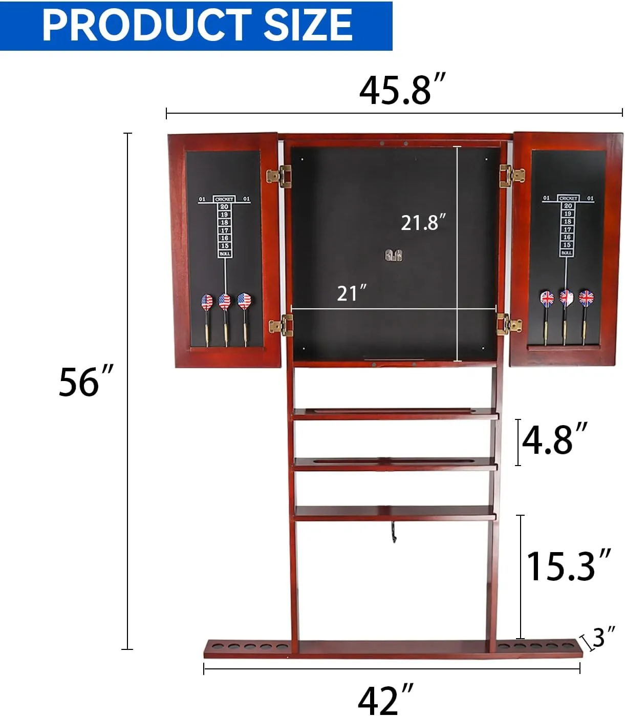 GSE Games & Sports Expert 10 Billiard Pool Cue Rack & Dart Board Cabinet Combination, Wall Mounted Billiard Pool Cue Rack Only, Dartboard Cabinet Only with Dart Scoreboard