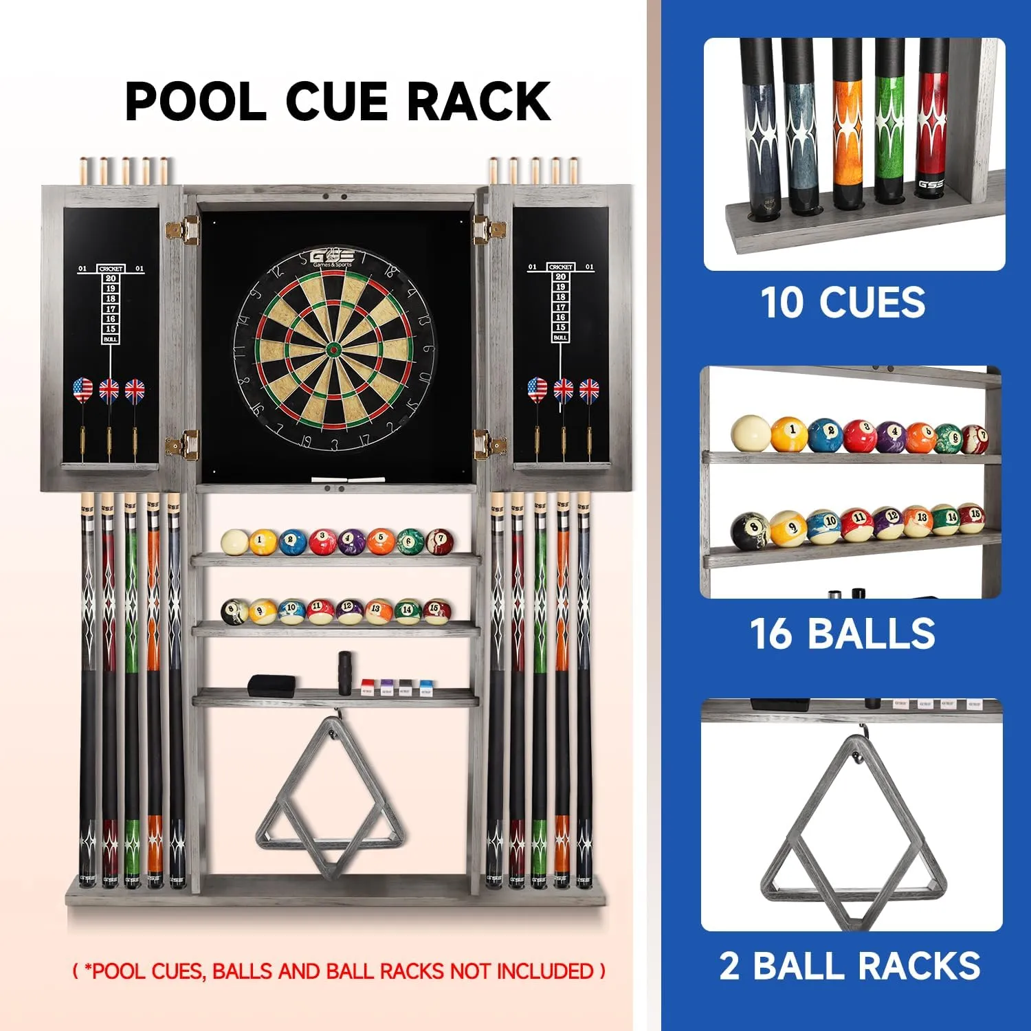 GSE Games & Sports Expert 10 Billiard Pool Cue Rack & Dart Board Cabinet Combination, Wall Mounted Billiard Pool Cue Rack Only, Dartboard Cabinet Only with Dart Scoreboard