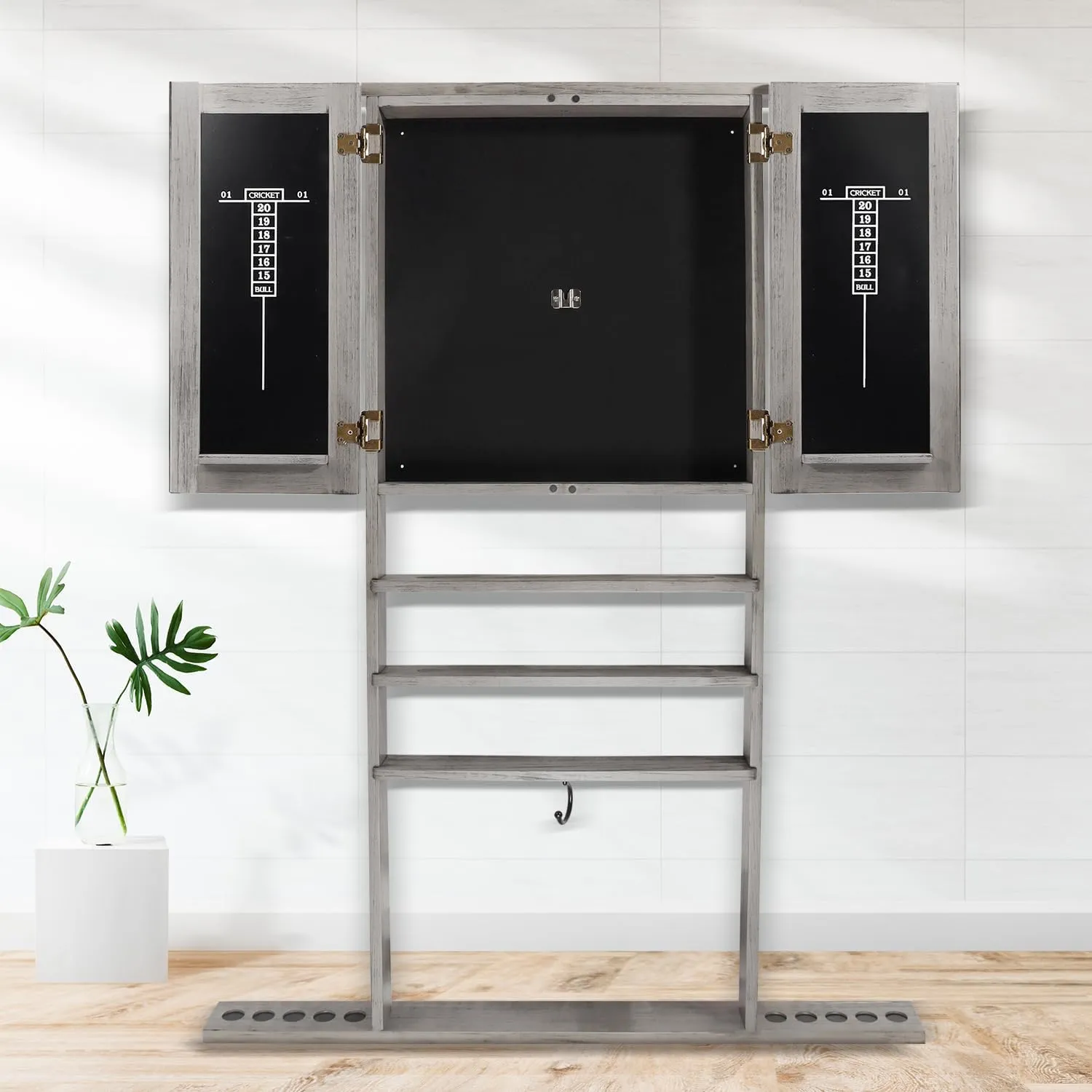 GSE Games & Sports Expert 10 Billiard Pool Cue Rack & Dart Board Cabinet Combination, Wall Mounted Billiard Pool Cue Rack Only, Dartboard Cabinet Only with Dart Scoreboard