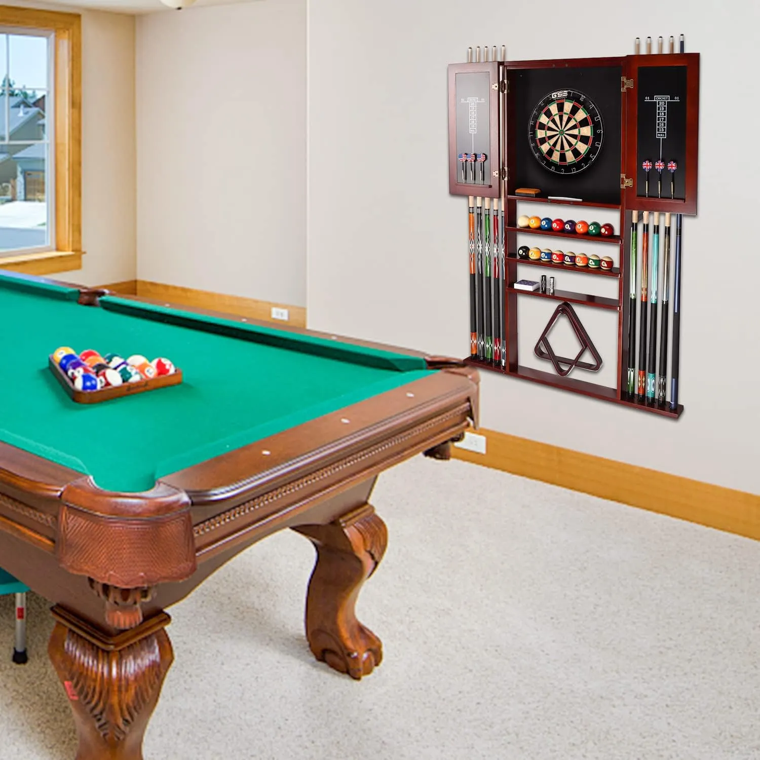 GSE Games & Sports Expert 10 Billiard Pool Cue Rack & Dart Board Cabinet Combination, Wall Mounted Billiard Pool Cue Rack Only, Dartboard Cabinet Only with Dart Scoreboard