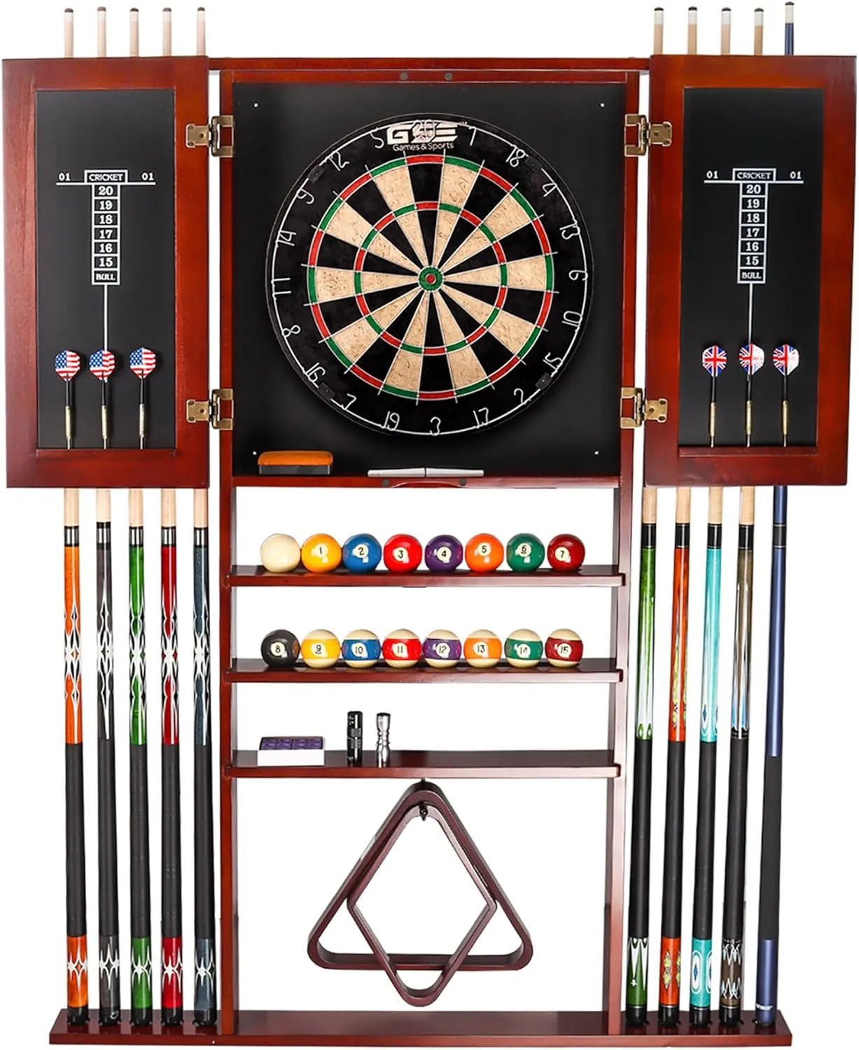 GSE Games & Sports Expert 10 Billiard Pool Cue Rack & Dart Board Cabinet Combination, Wall Mounted Billiard Pool Cue Rack Only, Dartboard Cabinet Only with Dart Scoreboard