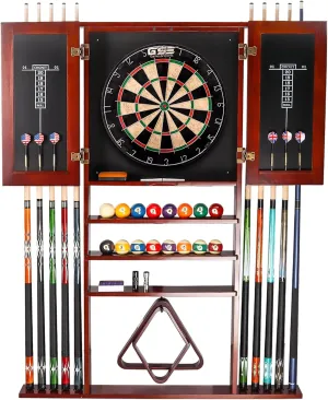GSE Games & Sports Expert 10 Billiard Pool Cue Rack & Dart Board Cabinet Combination, Wall Mounted Billiard Pool Cue Rack Only, Dartboard Cabinet Only with Dart Scoreboard