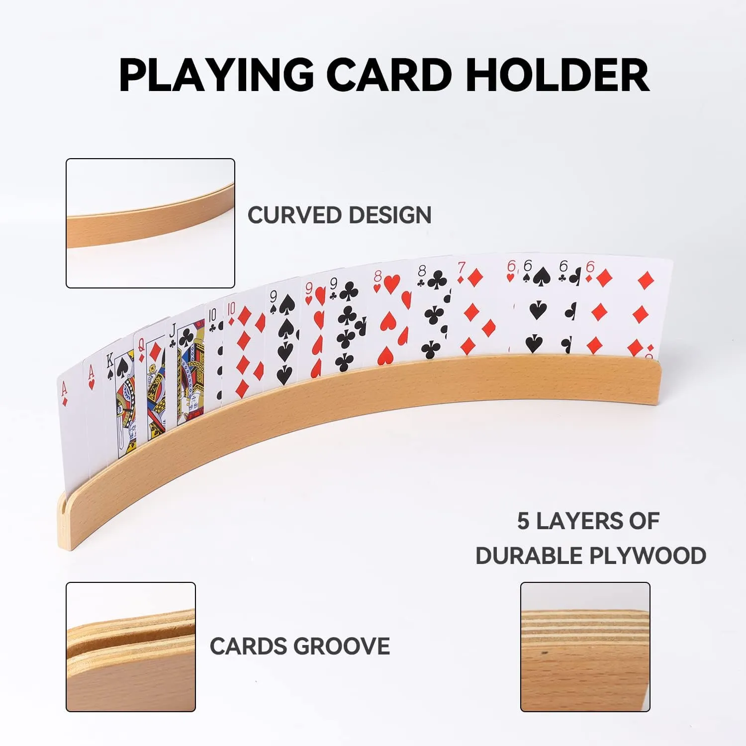 GSE Games & Sports Expert Set of 4 Playing Cards Holders, Wooden Playing Card Racks, Curved Playing Card Trays for Bridge, Hand & Foot, Rummy, UNO Card Games (17.5-Inch)