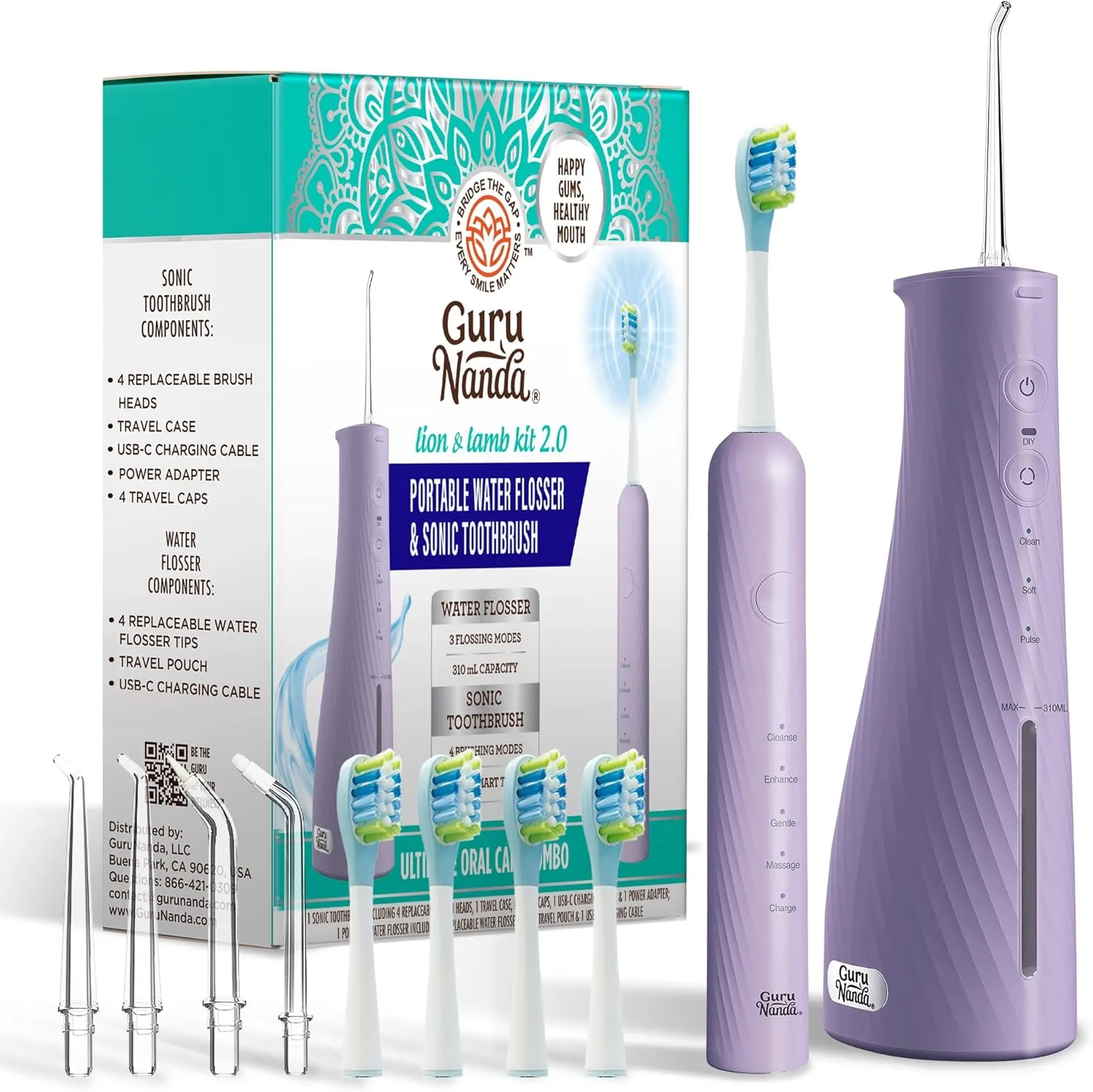 GuruNanda Lion & Lamb Kit 2.0, Electric Toothbrush with Water Flosser Combo, 4 Jet Tips, 4 Brush Heads, & IPX7 Waterproof Design for Complete Oral Care, Lavender
