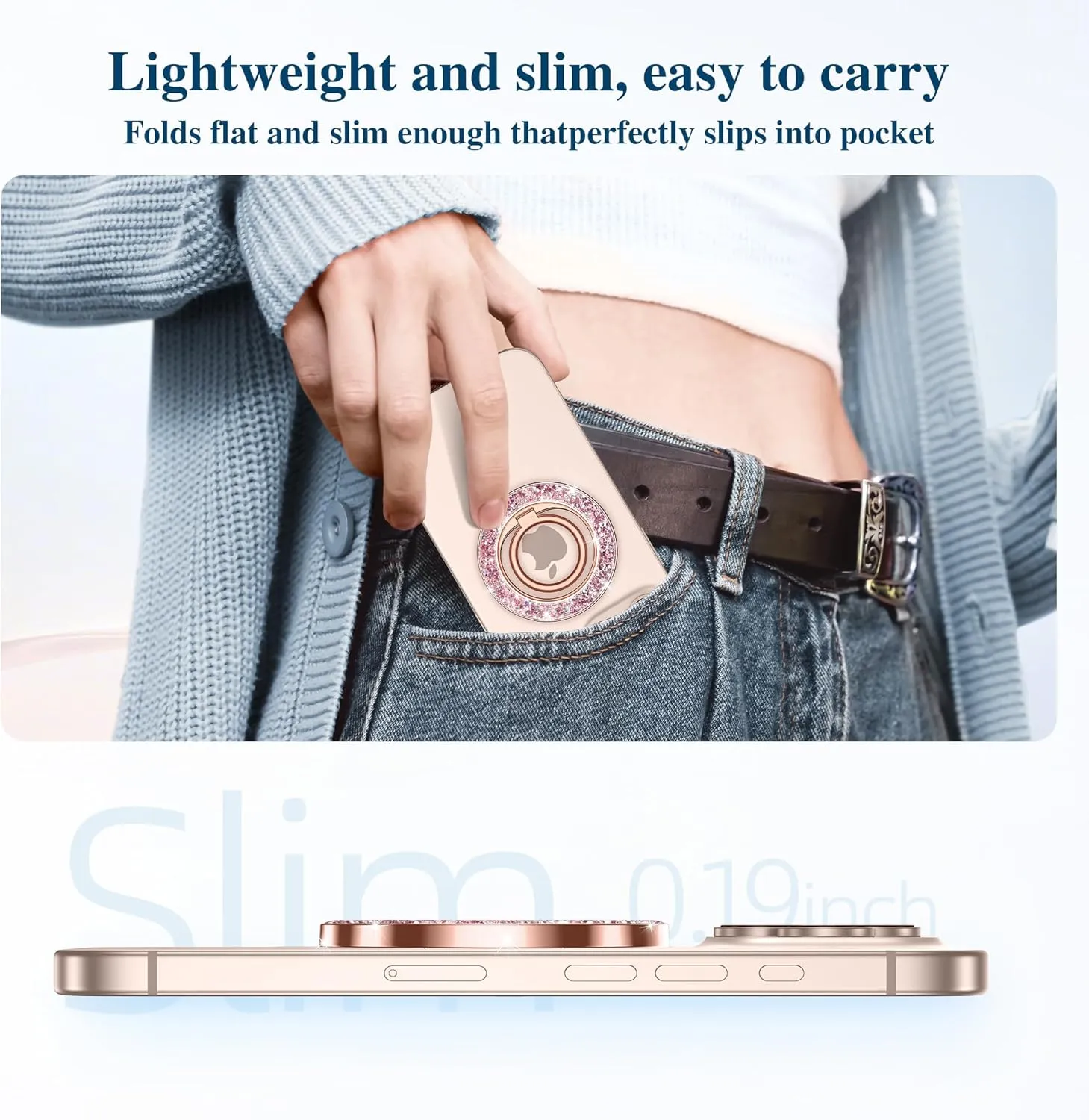 GVIEWIN Magnetic Phone Ring Holder Compatible with MagSafe Grip, [Super Magnet] 360° Rotatable Adjustable Twinkle Kickstand, Mag Safe Stand for iPhone 16 Pro Max/Plus/15/14/13(Pink Gold Glitter)
