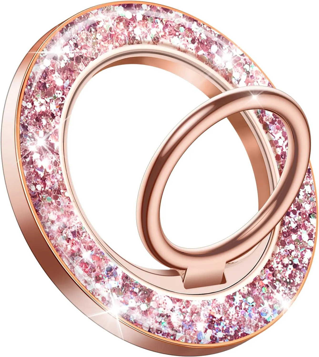 GVIEWIN Magnetic Phone Ring Holder Compatible with MagSafe Grip, [Super Magnet] 360° Rotatable Adjustable Twinkle Kickstand, Mag Safe Stand for iPhone 16 Pro Max/Plus/15/14/13(Pink Gold Glitter)