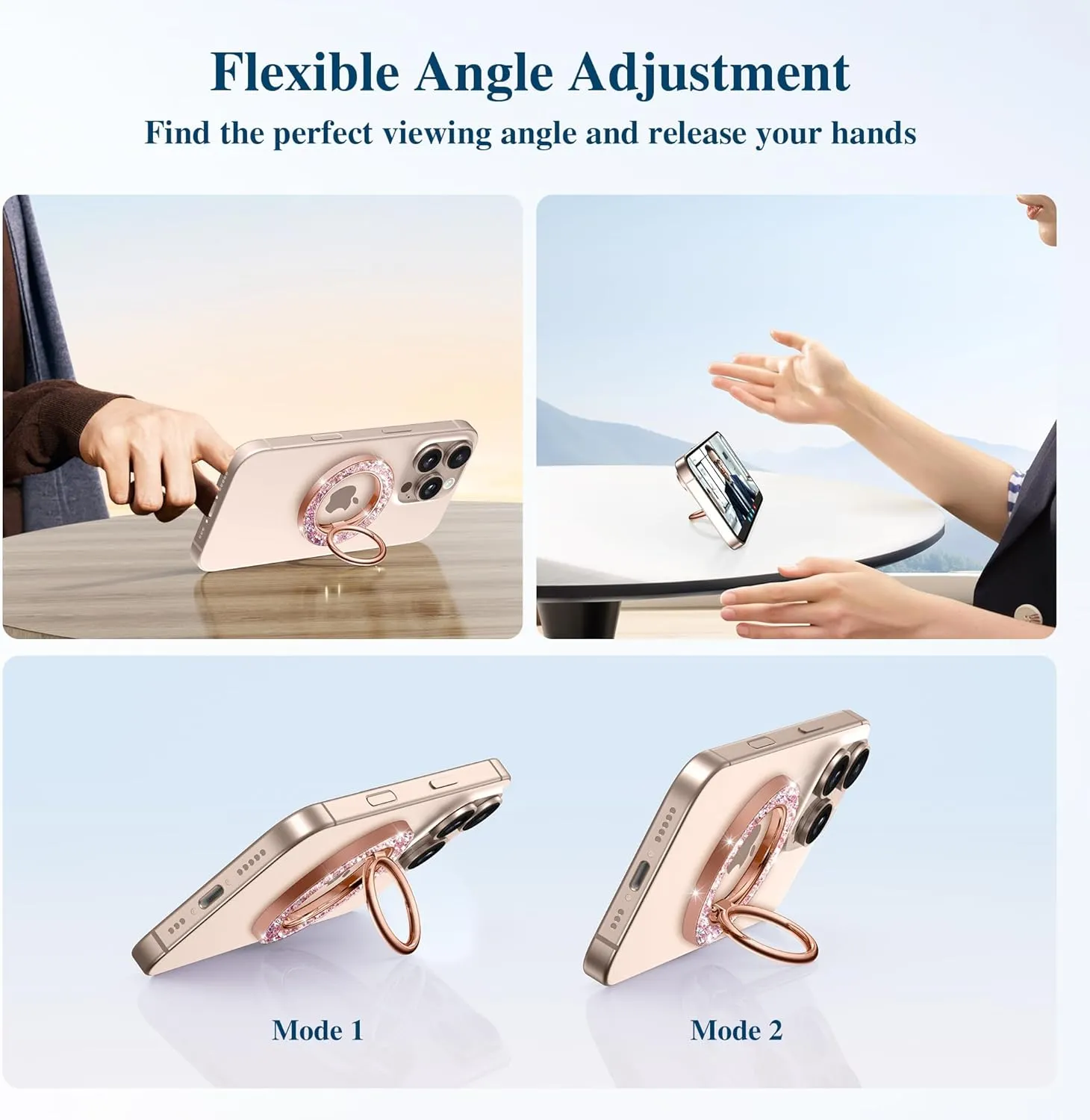 GVIEWIN Magnetic Phone Ring Holder Compatible with MagSafe Grip, [Super Magnet] 360° Rotatable Adjustable Twinkle Kickstand, Mag Safe Stand for iPhone 16 Pro Max/Plus/15/14/13(Pink Gold Glitter)