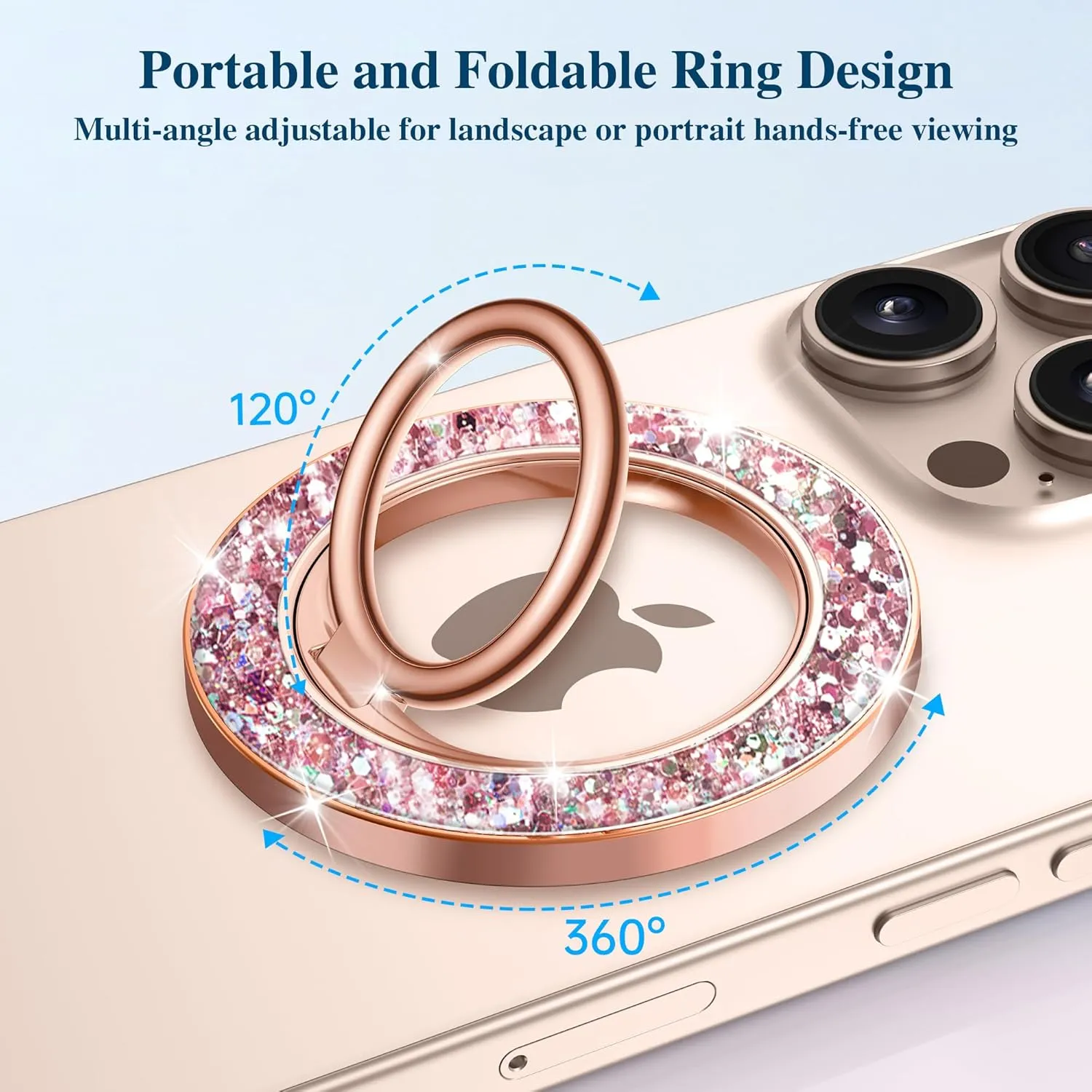GVIEWIN Magnetic Phone Ring Holder Compatible with MagSafe Grip, [Super Magnet] 360° Rotatable Adjustable Twinkle Kickstand, Mag Safe Stand for iPhone 16 Pro Max/Plus/15/14/13(Pink Gold Glitter)