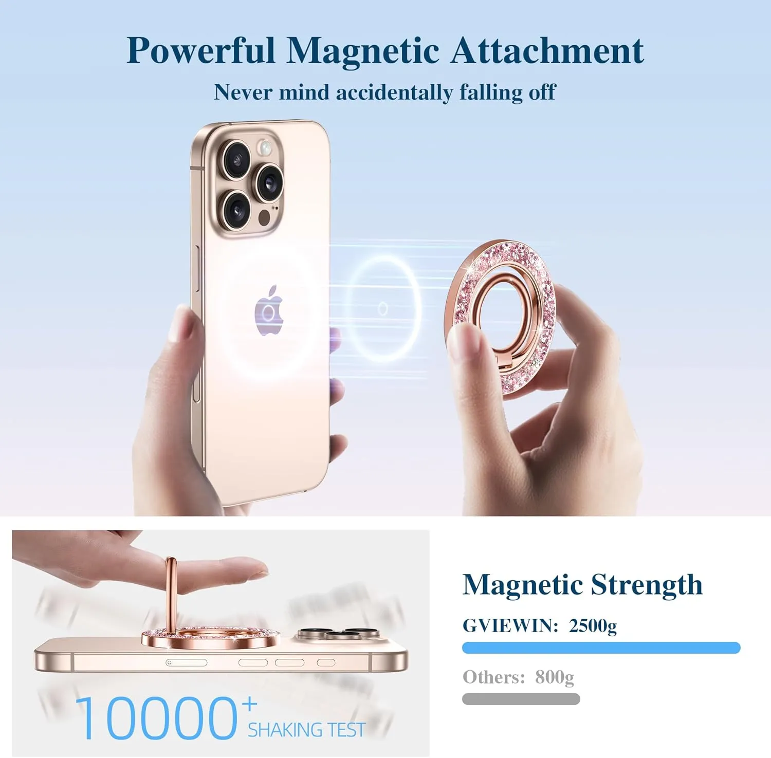 GVIEWIN Magnetic Phone Ring Holder Compatible with MagSafe Grip, [Super Magnet] 360° Rotatable Adjustable Twinkle Kickstand, Mag Safe Stand for iPhone 16 Pro Max/Plus/15/14/13(Pink Gold Glitter)