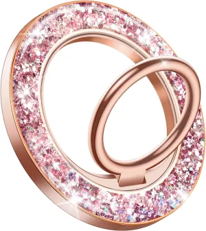GVIEWIN Magnetic Phone Ring Holder Compatible with MagSafe Grip, [Super Magnet] 360° Rotatable Adjustable Twinkle Kickstand, Mag Safe Stand for iPhone 16 Pro Max/Plus/15/14/13(Pink Gold Glitter)