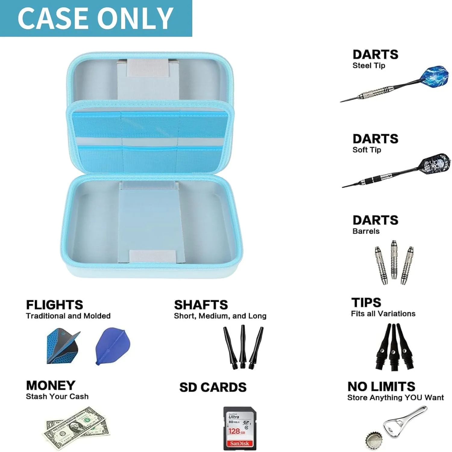 GWCASE Dart Case for 16 Steel and Soft Tip Darts, Carrying Storage Holder Fits for Tips, Shafts, Flights (Box Only)-Blue