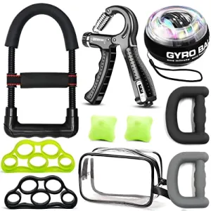 Hand Grip Strengthener Workout Kit (10Pcs )Hands Grip Strength Trainer, Forearm Gripper, Finger Exerciser Stretcher Wrist Ball, Stress Relief Ball for Men and Women, Injury Recovery