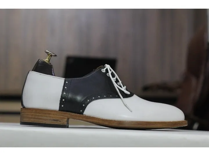 Handmade Bespoke Men's Black & White Genuine Leather Shoes, Oxford Shoes