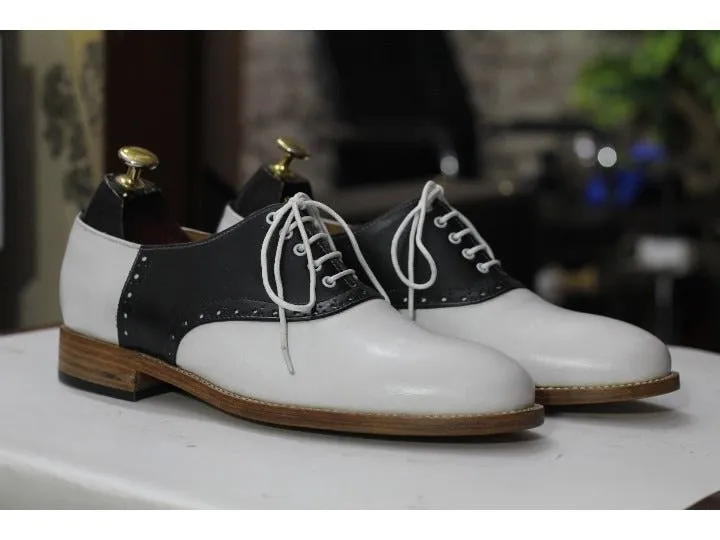 Handmade Bespoke Men's Black & White Genuine Leather Shoes, Oxford Shoes