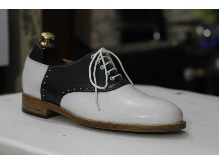 Handmade Bespoke Men's Black & White Genuine Leather Shoes, Oxford Shoes