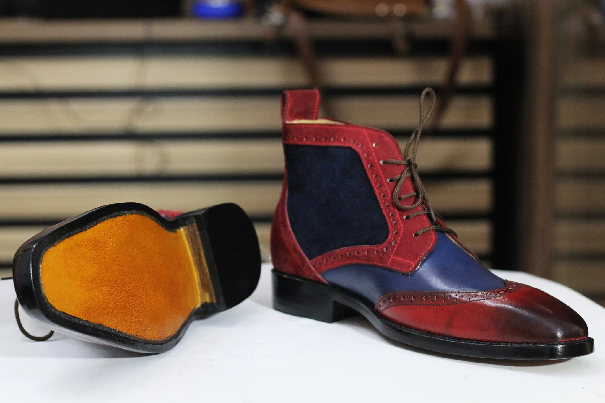 Handmade Burgundy & Navy Cowhide Leather and Suede Wing Tip Chukka Lace Up Boots For Men's