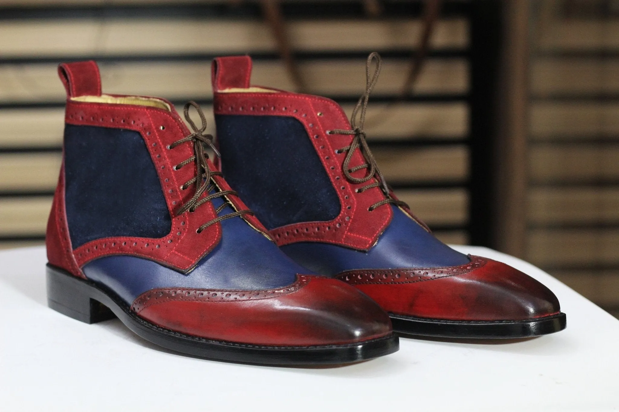 Handmade Burgundy & Navy Cowhide Leather and Suede Wing Tip Chukka Lace Up Boots For Men's