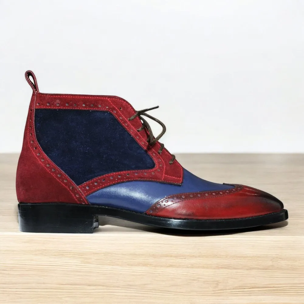 Handmade Burgundy & Navy Cowhide Leather and Suede Wing Tip Chukka Lace Up Boots For Men's