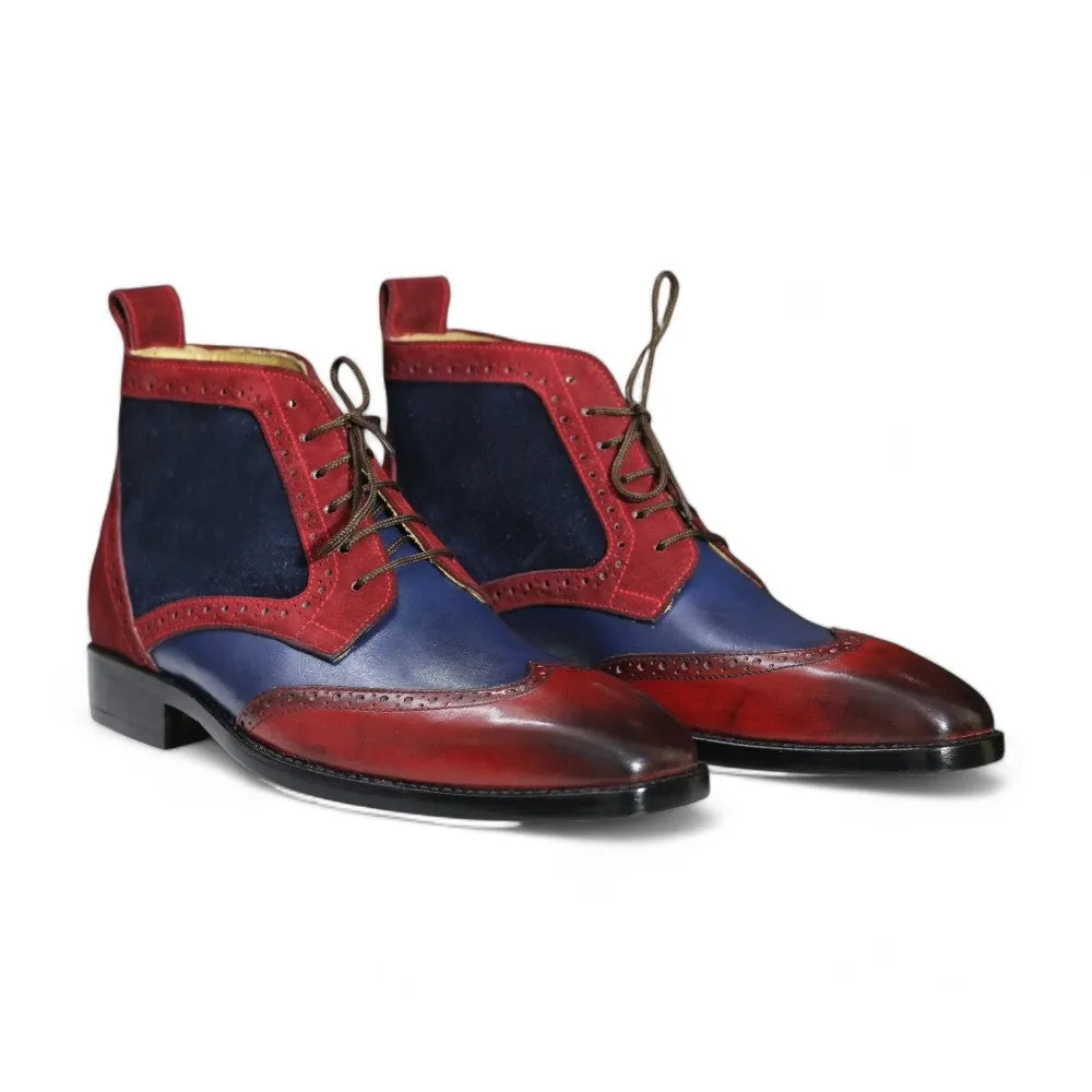Handmade Burgundy & Navy Cowhide Leather and Suede Wing Tip Chukka Lace Up Boots For Men's