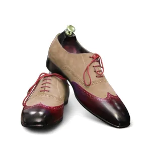 Handmade Genuine Cow-Hide Leather & Suede Wing Tip Oxford Shoes For Men, Dress Formal Lace Shoes For Mens