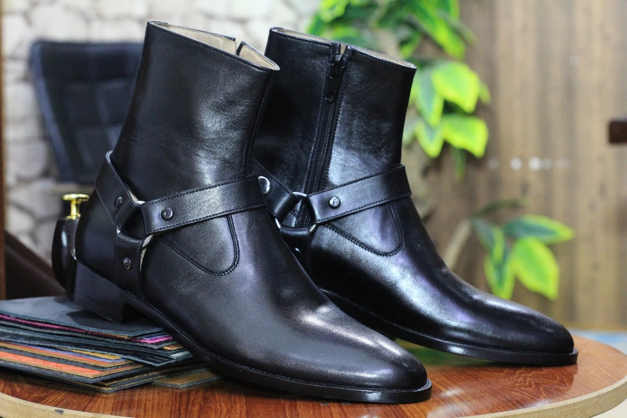 Handmade Genuine Cow-Hide Leather Buckle Long Boots For Men, Ankle High Boots For Men's
