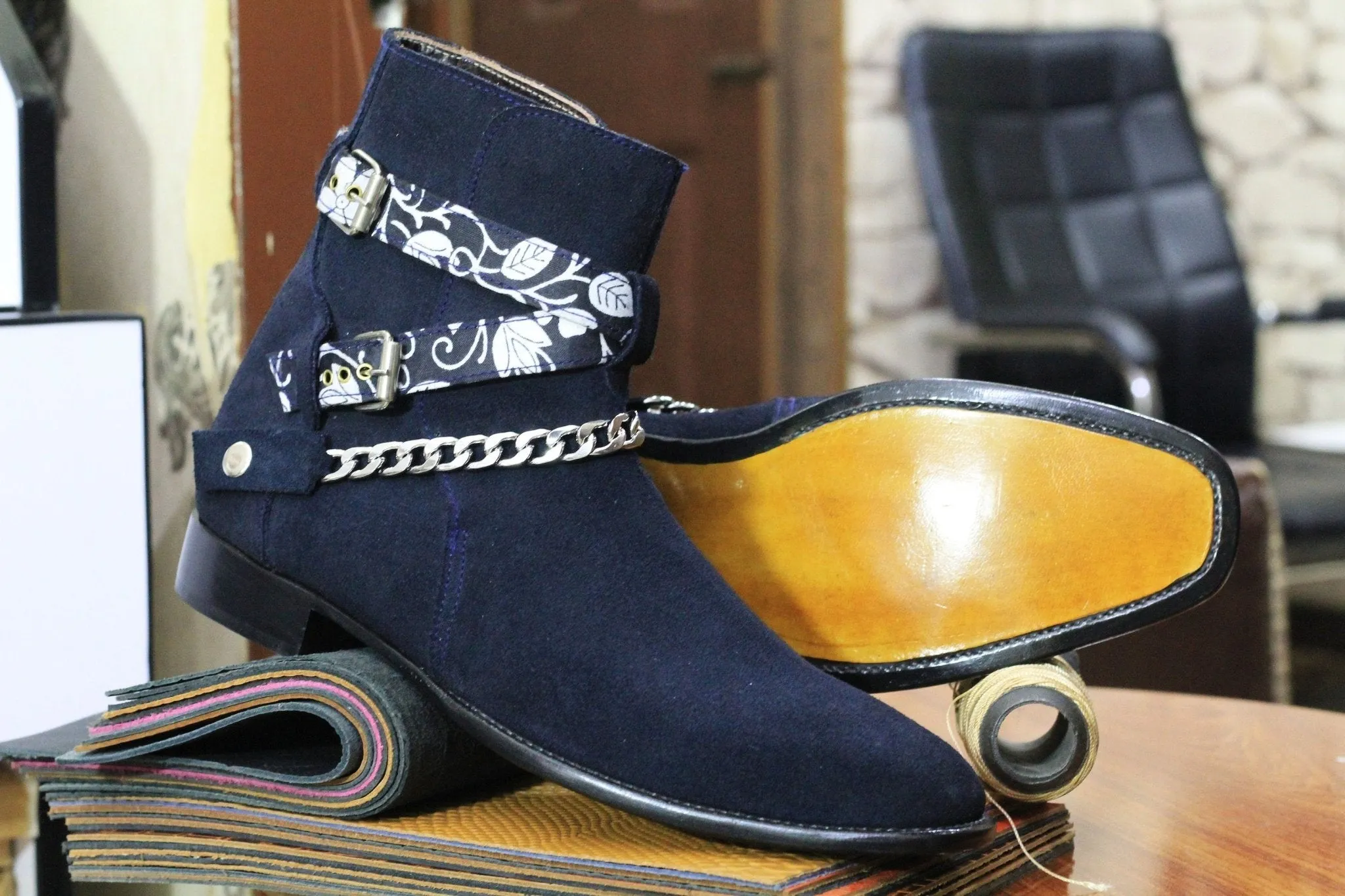 Handmade Genuine Suede Leather Chain Strap Ankle High Boots For Men
