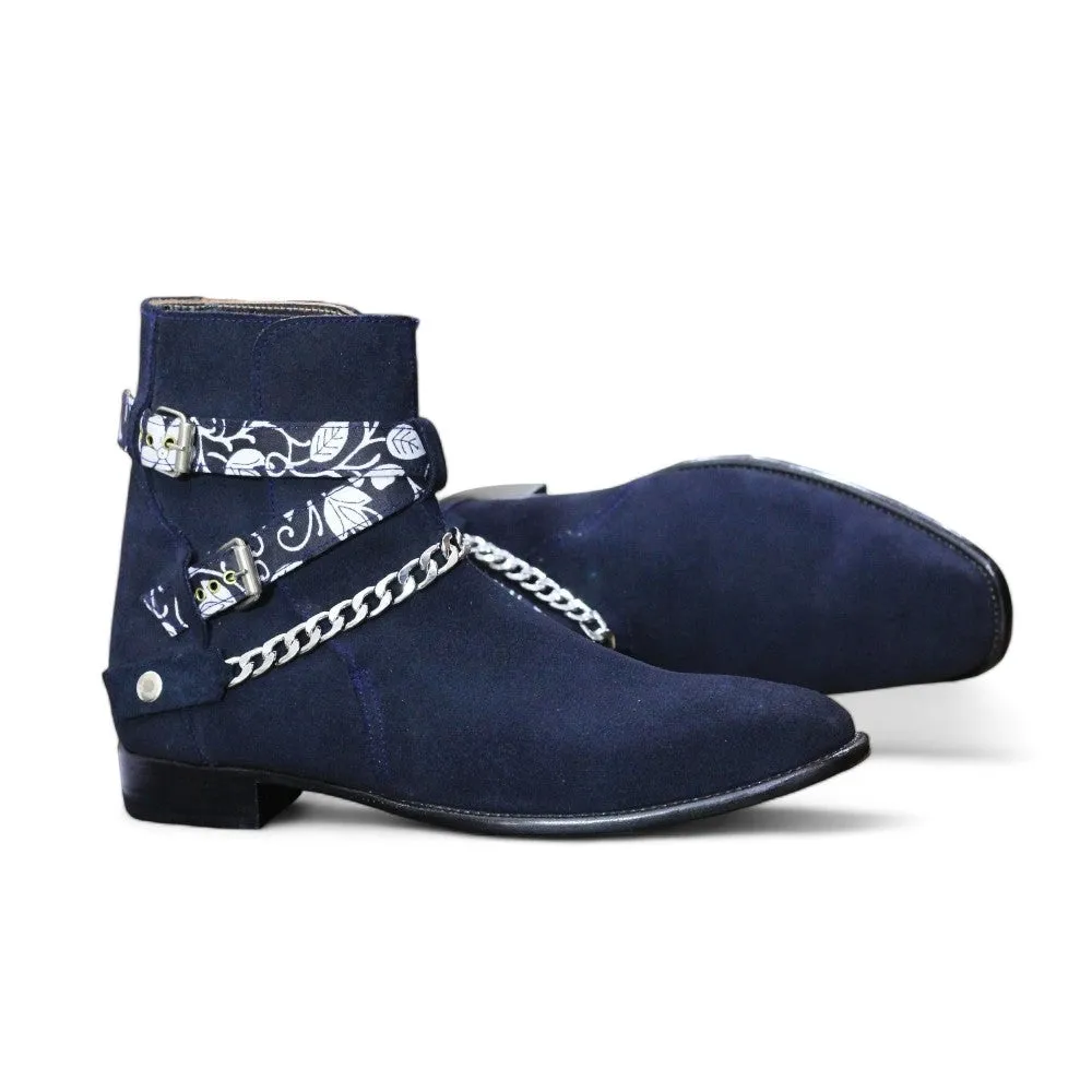Handmade Genuine Suede Leather Chain Strap Ankle High Boots For Men