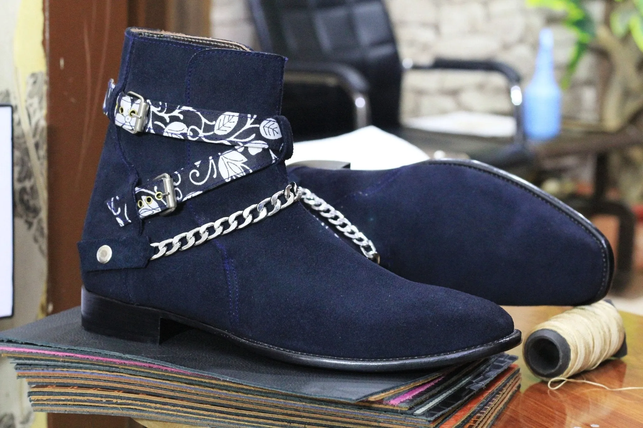 Handmade Genuine Suede Leather Chain Strap Ankle High Boots For Men