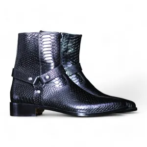 Handmade Python Textured  Leather Buckle Harness Biker & Dress Boots For Men