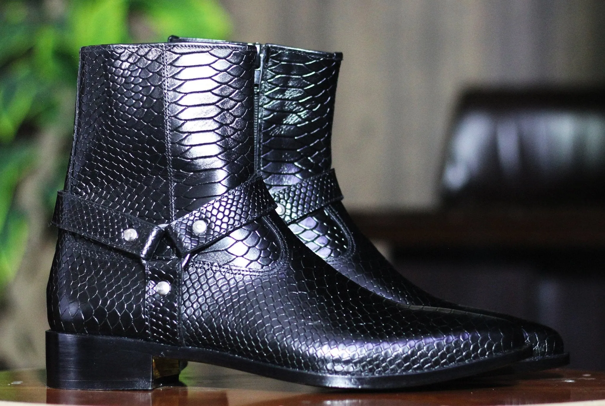 Handmade Python Textured  Leather Buckle Harness Biker & Dress Boots For Men