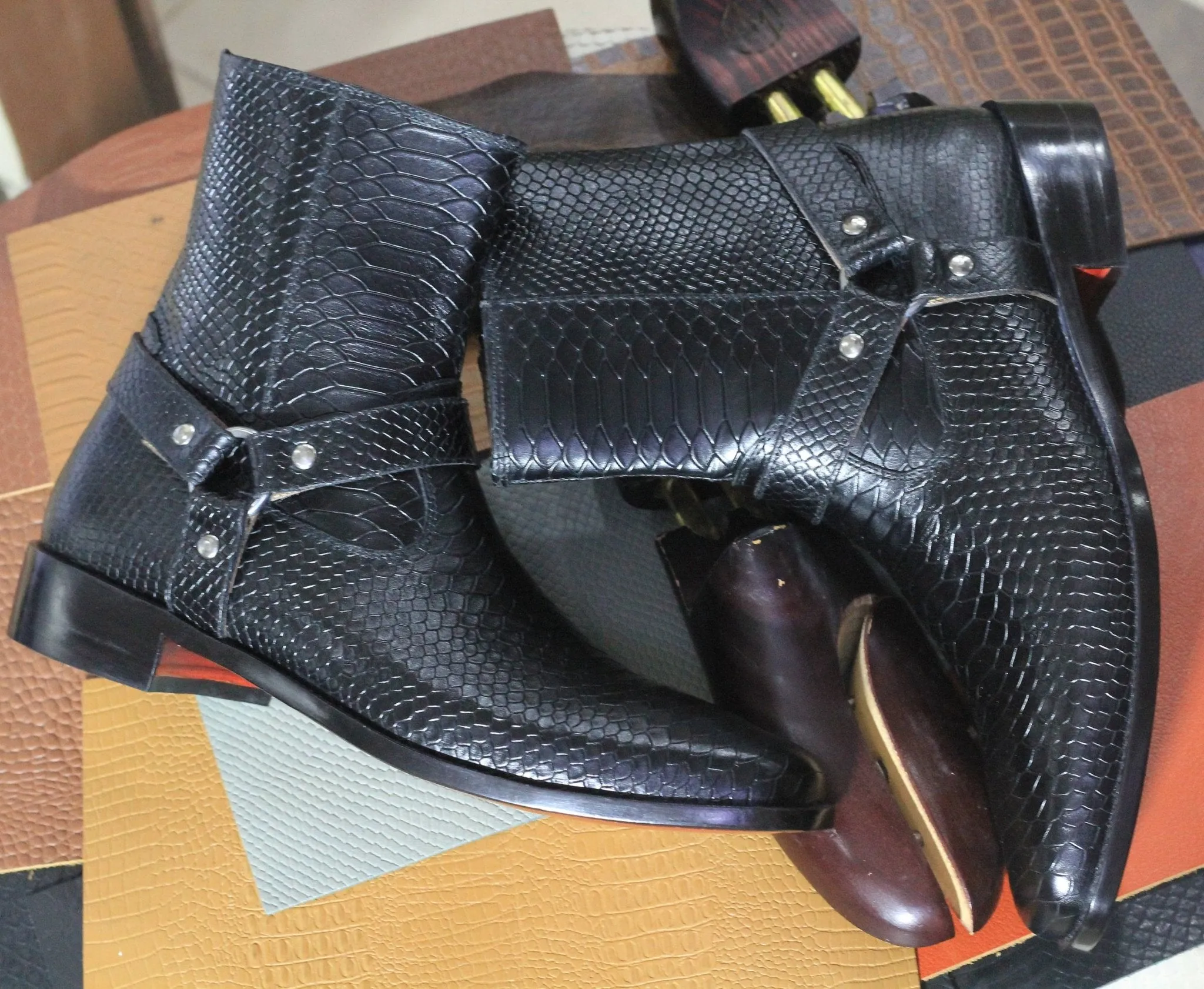 Handmade Python Textured  Leather Buckle Harness Biker & Dress Boots For Men