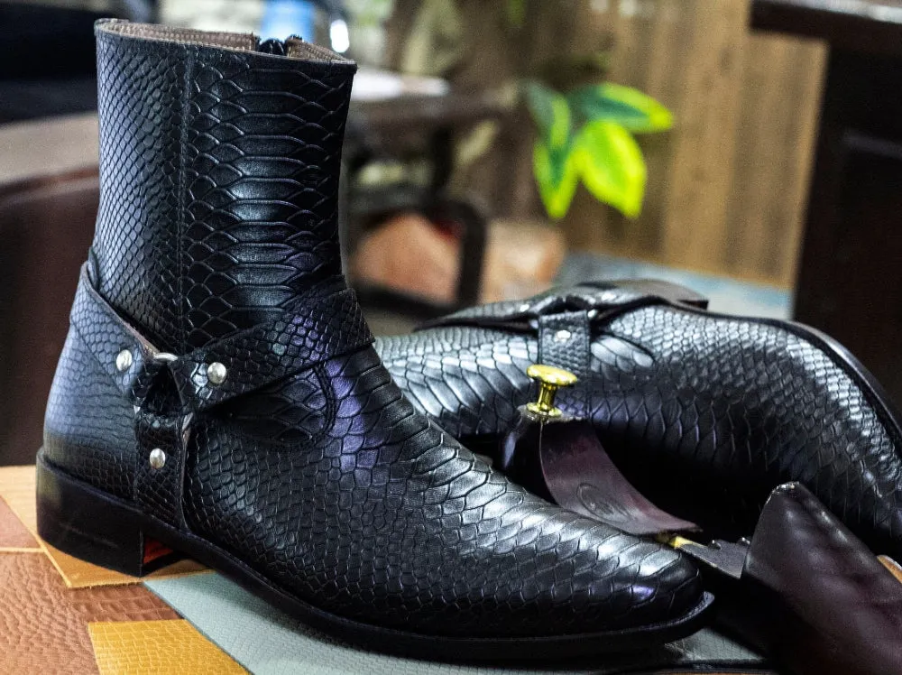 Handmade Python Textured  Leather Buckle Harness Biker & Dress Boots For Men